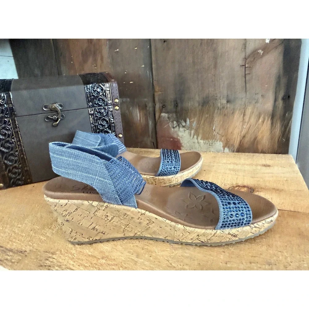 Boho Denim Blue Rhinestone Cork Wedge Comfort Sandals | Vacation Resort